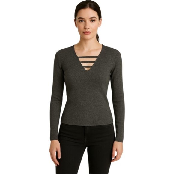 Express Small Grey Strappy Chest Cutout Sweater - Picture 1 of 6